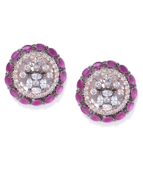 

Priyaasi Magenta & Rose Gold-Toned Silver-Plated CZ Studded Handcrafted Floral Studs