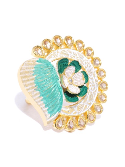

Priyaasi Green & White Gold-Plated Stone-Studded Meenakari Adjustable Finger Ring