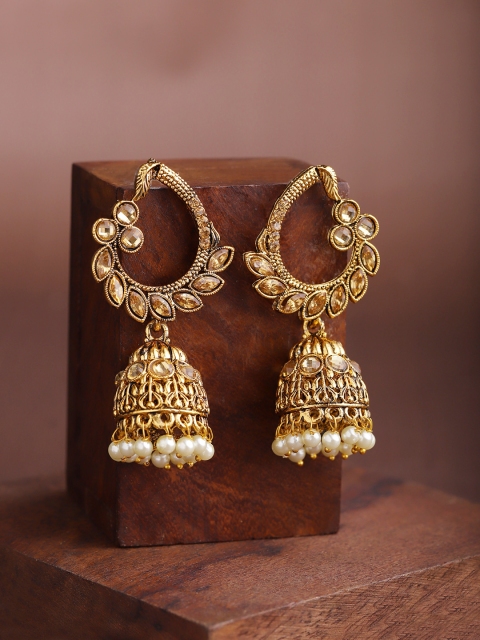 

Priyaasi Gold-Plated Stone-Studded & Beaded Antique Jhumkas