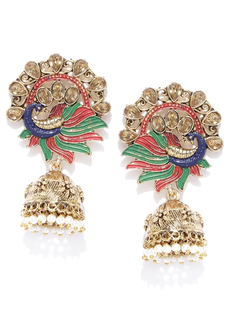 

Priyaasi Gold-Plated German Silver Stone Studded Hand Painted Dome Shaped Jhumkas