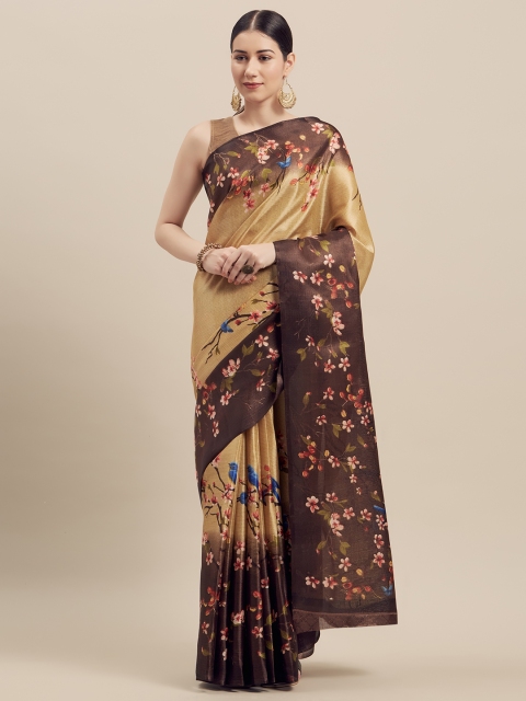 

GoSriKi Gold-Toned & Brown Art Silk Printed Saree