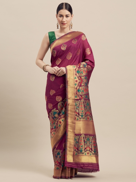 

GoSriKi Magenta & Gold-Toned Silk Blend Woven Design Banarasi Saree