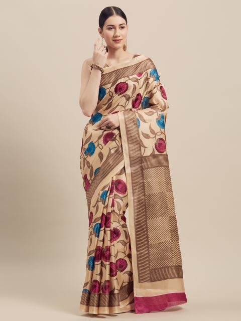 

GoSriKi Cream-Coloured & Maroon Art Silk Printed Saree