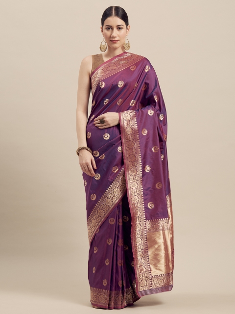

GoSriKi Purple & Gold-Toned Silk Blend Woven Design Banarasi Saree