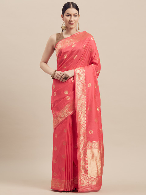 

GoSriKi Pink & Gold-Toned Silk Blend Woven Design Banarasi Saree