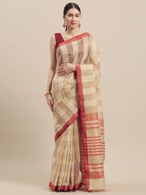 

GoSriKi Cream-Coloured & Red Organza Checked Kota Saree