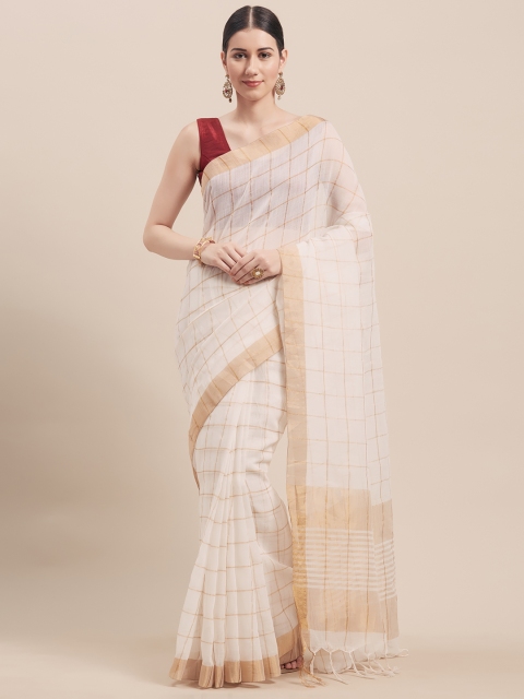 

Viva N Diva Off-White & Gold-Toned Linen Blend Checked Saree