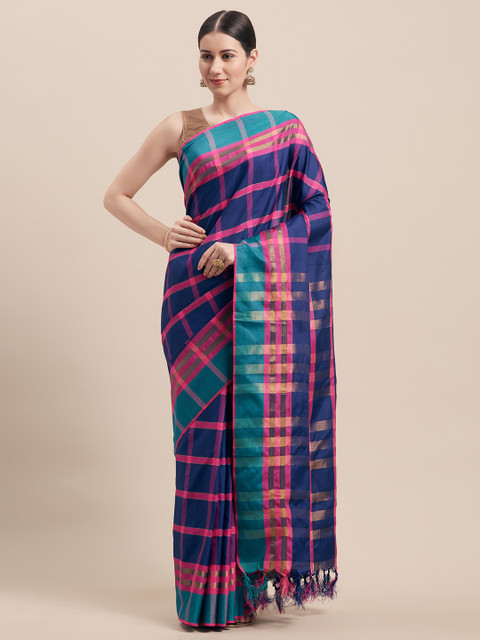 

Viva N Diva Navy Blue & Pink Silk Cotton Checked Banarasi Saree