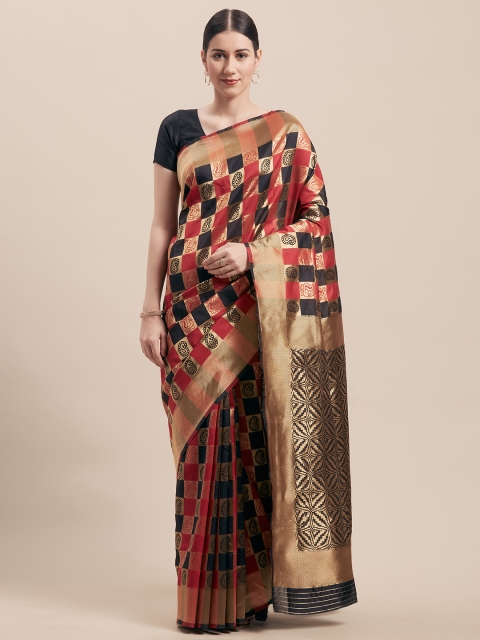 Viva N Diva Red & Black Art Silk Checked Banarasi Saree