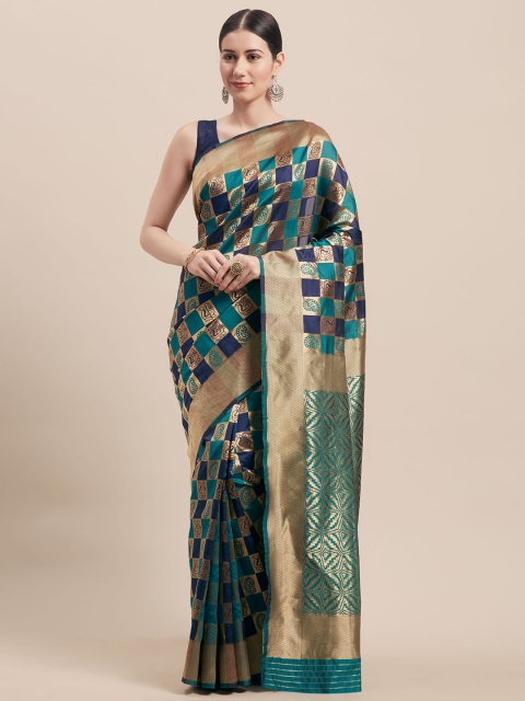 

Viva N Diva Teal Green & Gold-Coloured Art Silk Checked Banarasi Saree