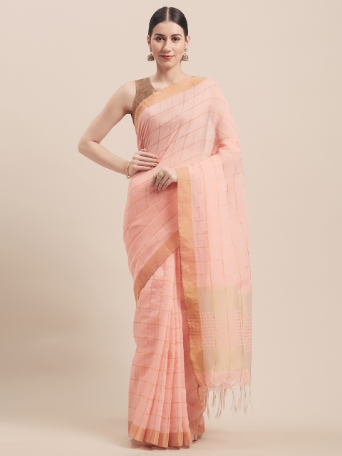 

Viva N Diva Peach-Coloured & Gold-Coloured Linen Blend Checked Saree