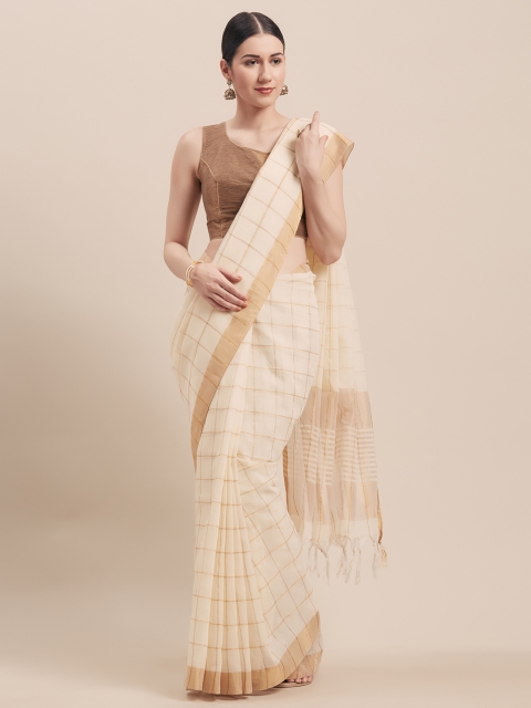 

Viva N Diva Cream-Coloured & Gold-Coloured Linen Blend Checked Saree