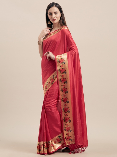 

Nanda Silk Mills Pink & Cream-Coloured Poly Silk Solid Saree