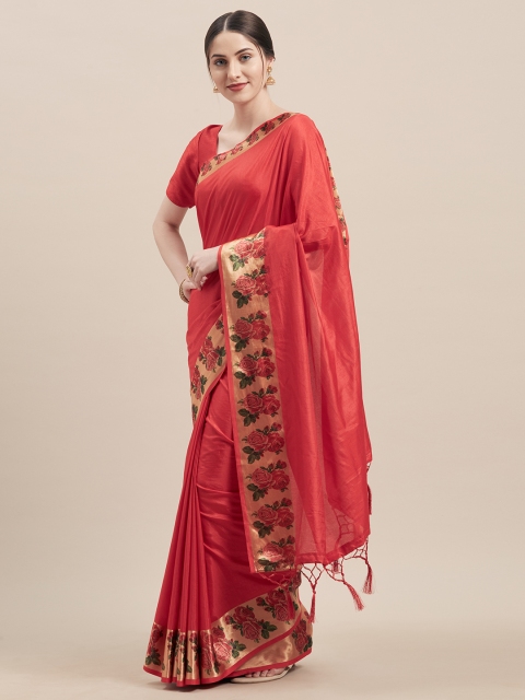 

Nanda Silk Mills Coral Red & Cream-Coloured Poly Silk Solid Saree