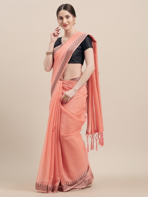 

Nanda Silk Mills Peach-Coloured & Black Silk Cotton Solid Saree