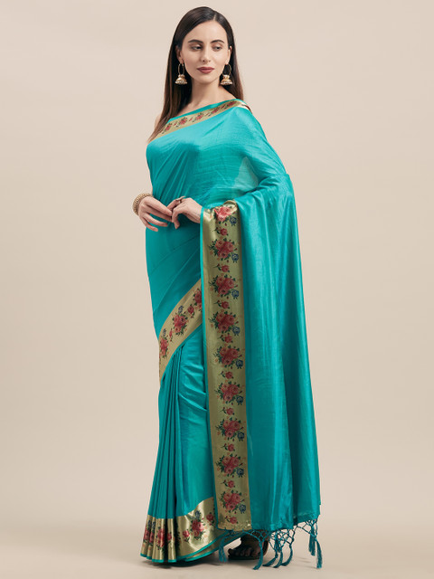 

Nanda Silk Mills Turquoise Blue & Cream-Coloured Poly Silk Solid Saree