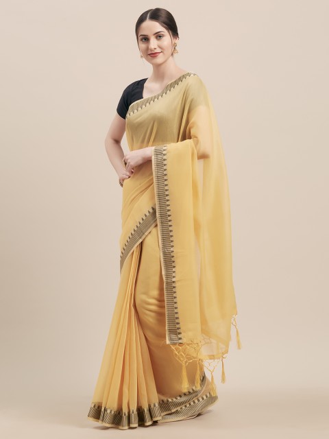 

Nanda Silk Mills Yellow & Black Silk Cotton Solid Saree