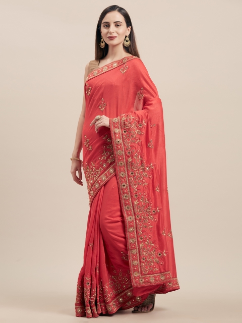 

Nanda Silk Mills Peach-Coloured Embroidered Cotton Blend Saree