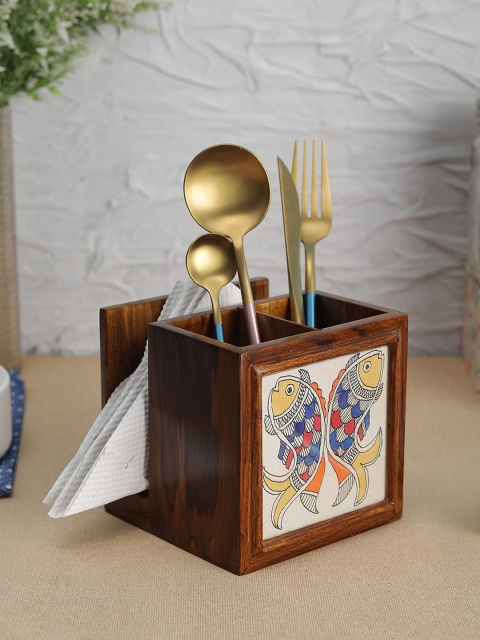 

VarEesha Brown Hand Painted Madhubani Teak Wood Spoon and /Napkin Tissue Holder