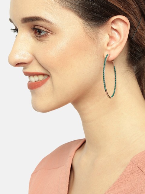 

ToniQ Silver-Toned & Green Circular Hoop Earrings