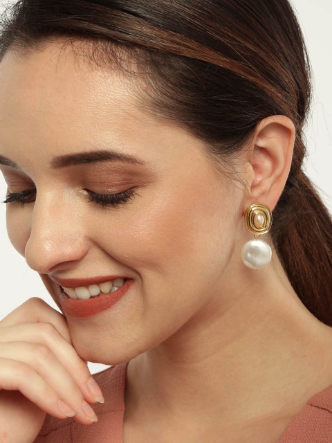 

ToniQ Gold-Toned & White Geometric Drop Earrings