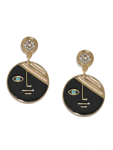 

ToniQ Black & Gold-Toned Enamelled Circular Drop Earrings