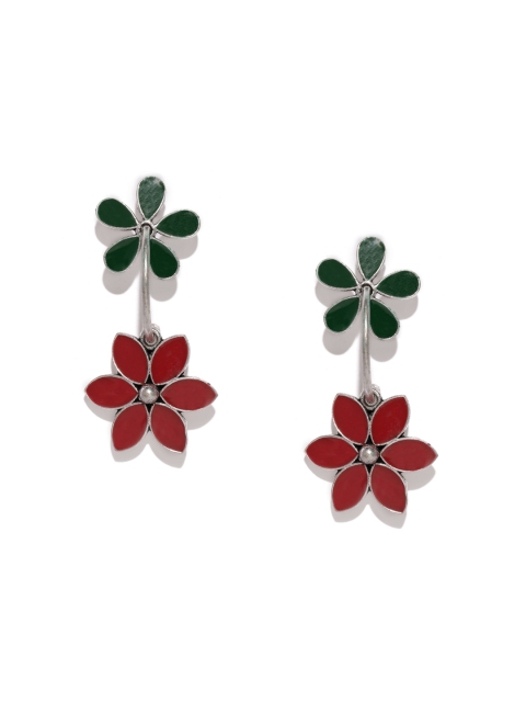 

VIDRUKARIH Silver-Plated Red & Green Floral Drop Earrings