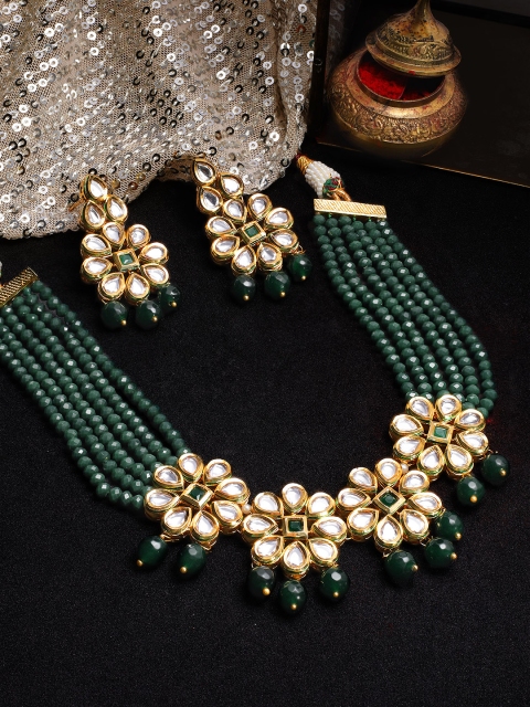 

Rubans Green & Gold-Toned Kundan Embellished Handcrafted Jewellery Set