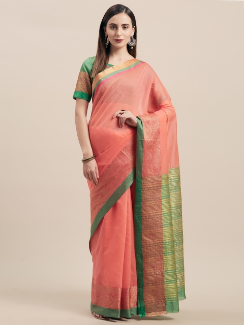 

Satrani Pink & Green Silk Cotton Woven Design Kanjeevaram Saree