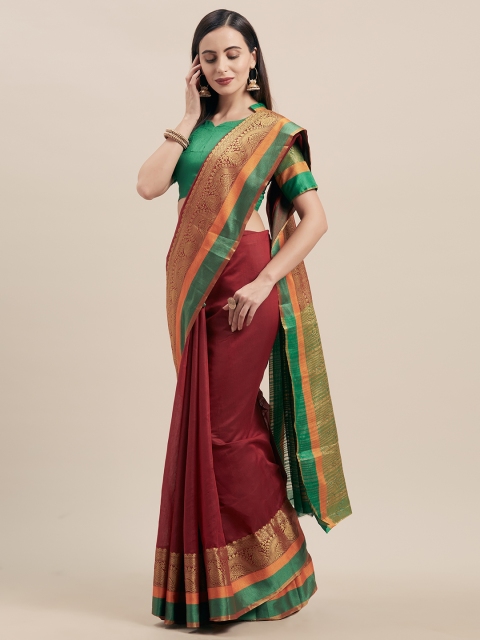 

Satrani Maroon Silk Cotton Solid Kanjeevaram Saree
