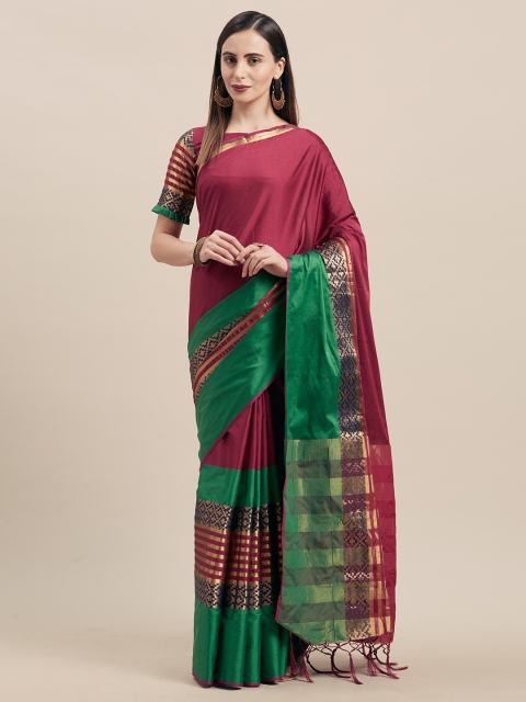 

Satrani Maroon & Green Poly Silk Woven Design Kanjeevaram Saree