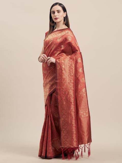 

Satrani Red & Gold-Toned Poly Silk Woven Design Kanjeevaram Saree
