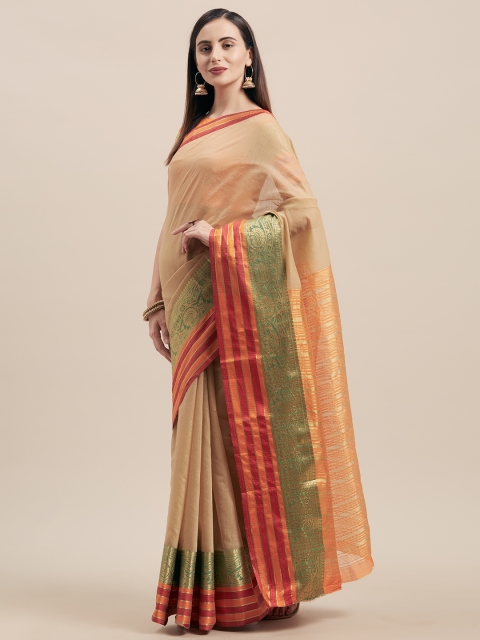 

Satrani Beige & Green Poly Silk Woven Design Kanjeevaram Saree
