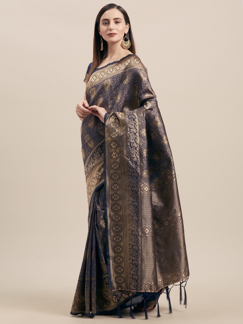 

Satrani Navy Blue & Gold-Toned Poly Silk Woven Design Kanjeevaram Saree