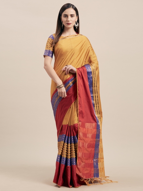 

Satrani Yellow & Red Poly Silk Woven Design Kanjeevaram Saree