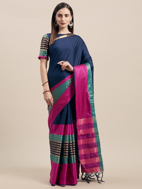 

Satrani Navy Blue & Pink Poly Silk Solid Kanjeevaram Saree