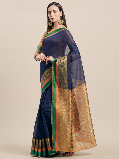 

Satrani Navy Blue Silk Cotton Solid Kanjeevaram Saree