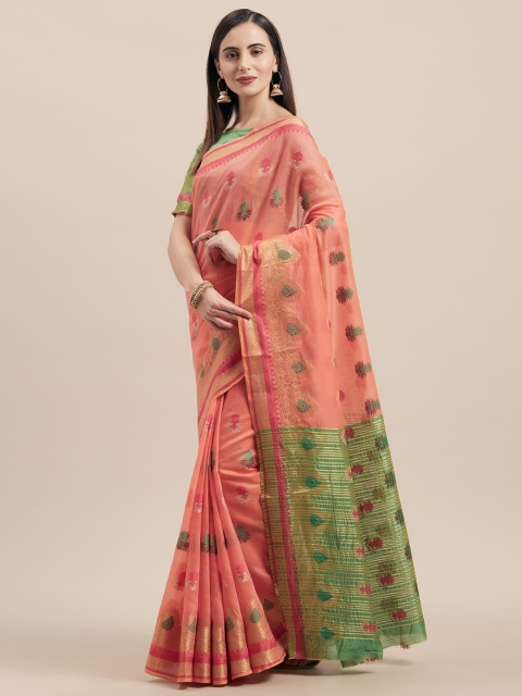 

Satrani Peach-Coloured Silk Cotton Woven Design Kanjeevaram Saree