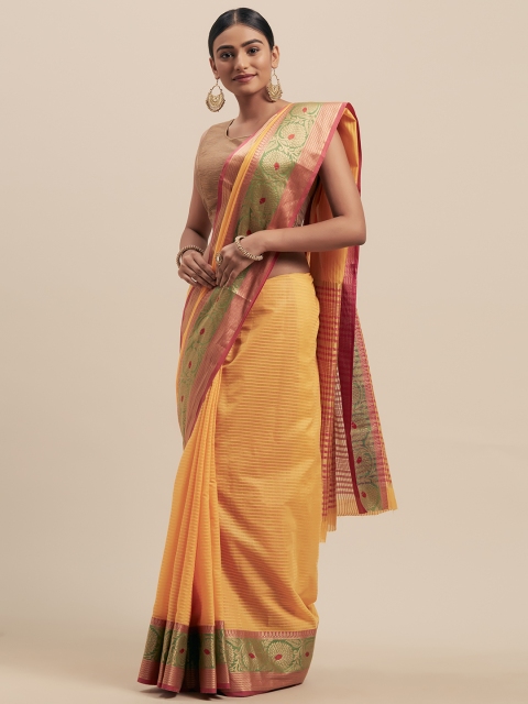 

Mitera Yellow Silk Cotton Woven Design Kanjeevaram Saree