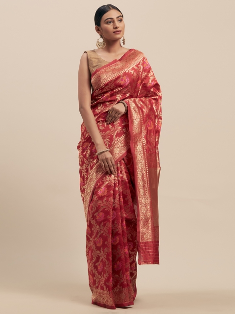 

Mitera Red & Gold-Coloured Silk Cotton Woven Design Kanjeevaram Saree