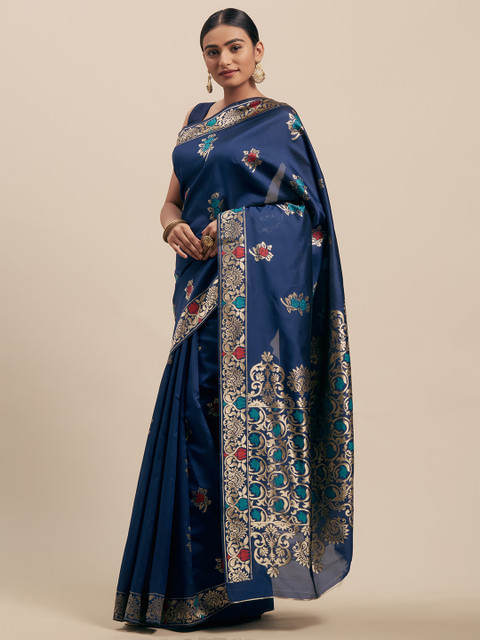 

Mitera Navy Blue & Gold-Coloured Silk Cotton Woven Design Banarasi Saree