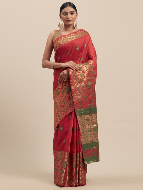 

Mitera Coral & Gold-Coloured Silk Cotton Woven Design Kanjeevaram Saree
