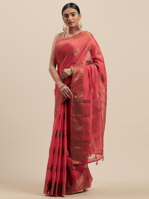 

Mitera Coral & Gold-Coloured Silk Cotton Woven Design Kanjeevaram Saree