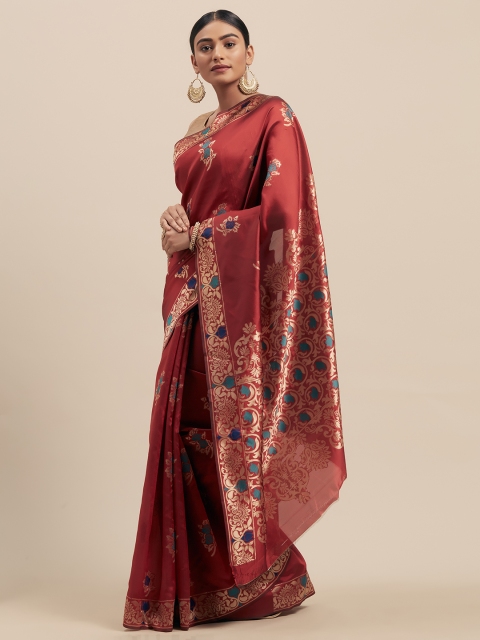 

Mitera Maroon & Gold-Toned Silk Cotton Woven Design Banarasi Saree