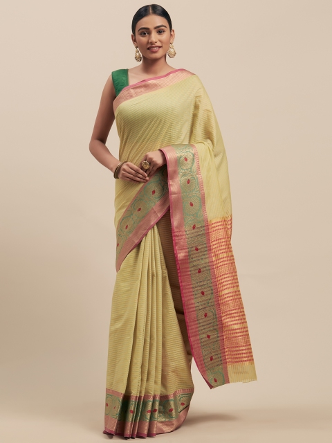 

Mitera Beige & Green Silk Cotton Woven Design Kanjeevaram Saree