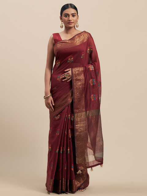 

Mitera Maroon & Gold-Coloured Silk Cotton Woven Design Kanjeevaram Saree