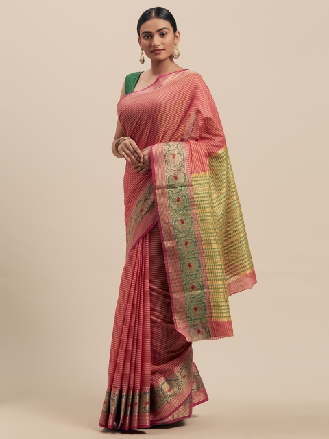 

Mitera Pink & Green Silk Cotton Woven Design Kanjeevaram Saree