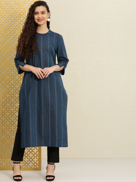 

House of Pataudi Women Blue Woven Design Straight Kurta