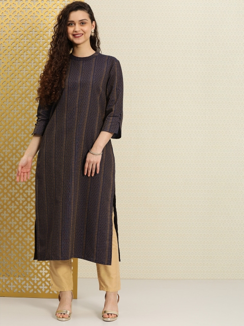

House of Pataudi Women Navy Blue & Mustard Yellow Woven Design Straight Kurta