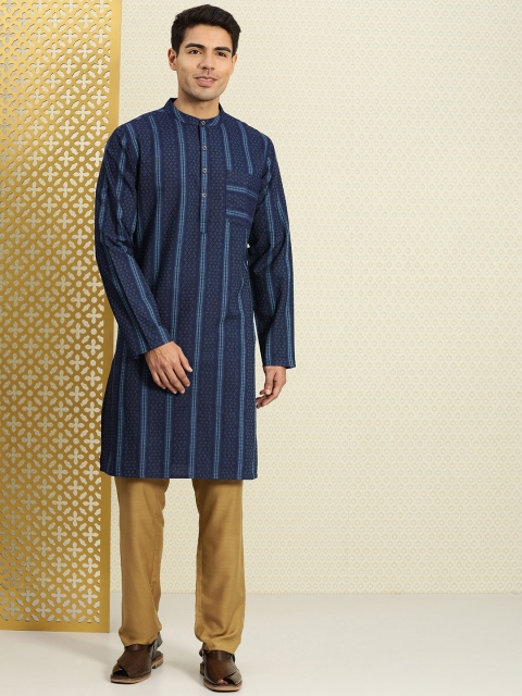 

House of Pataudi Men Navy Blue Printed Straight Kurta